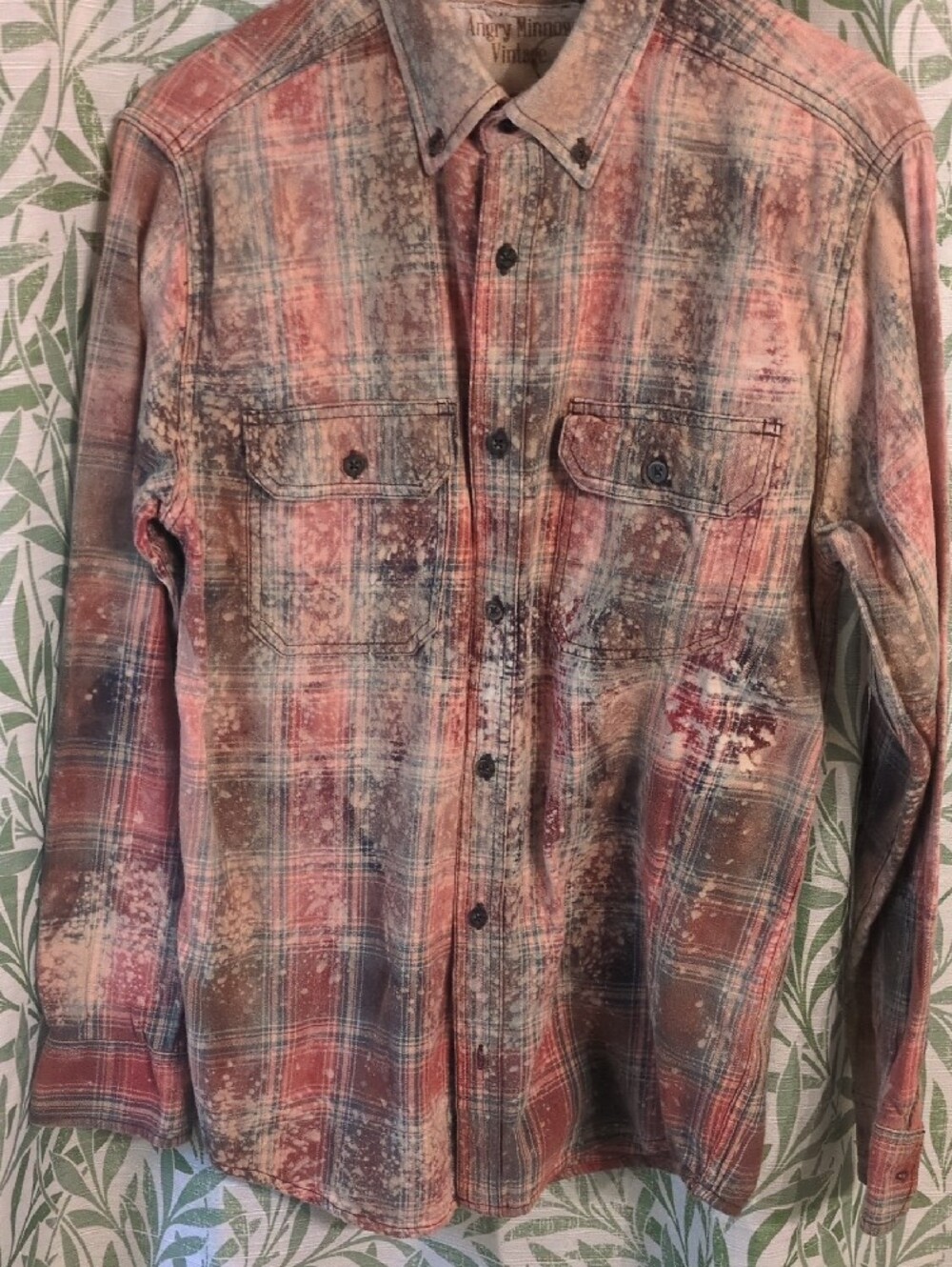 Women's Distressed Plaid Button-Down Shirt with Graphic Back - Rust/Cream - Picture 4 of 4